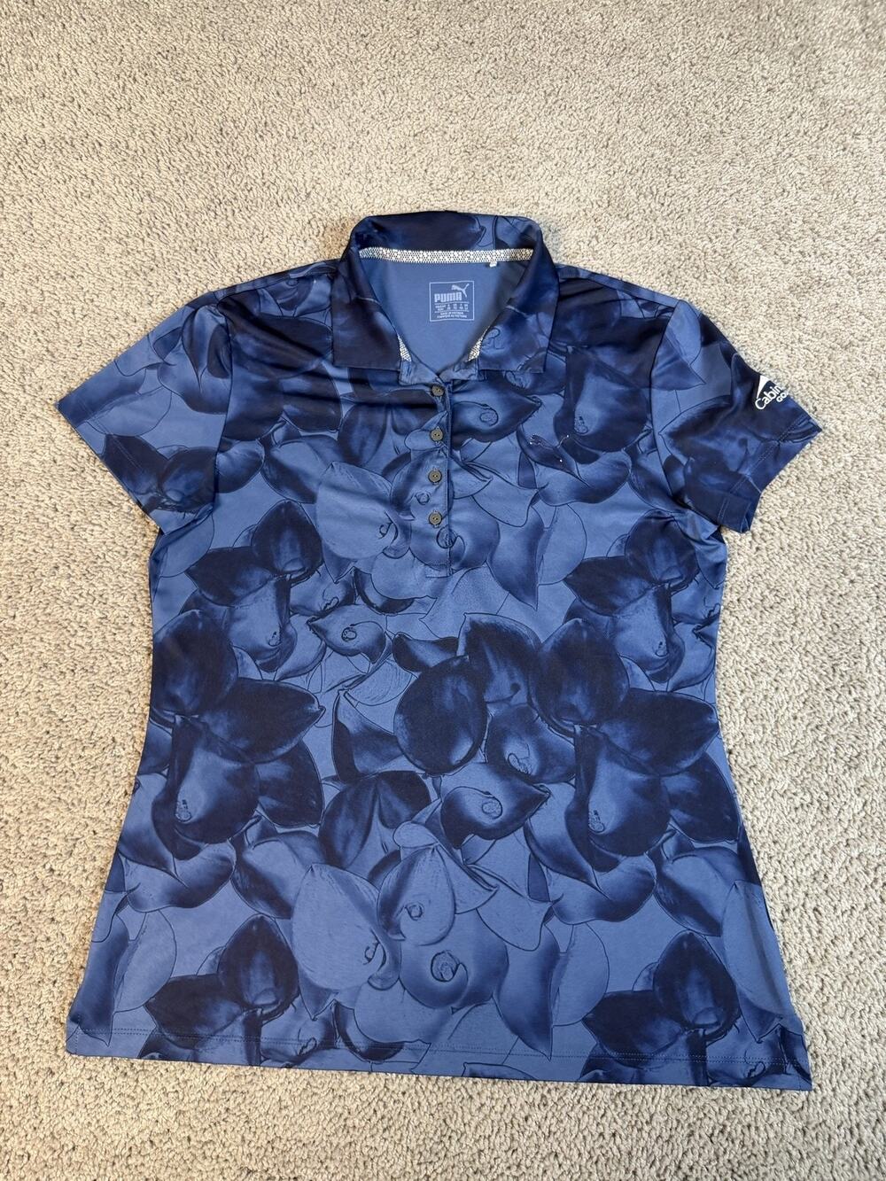 Puma Polo Shirt Womens M Blue Floral Golf Slim Moisture Wicking Tagless